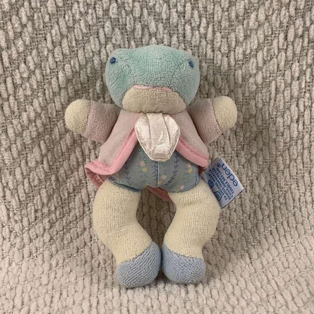 Vintage Eden Toys Frog Plush Stuffed Animal Baby Lovey Pink Green Yellow Pastel